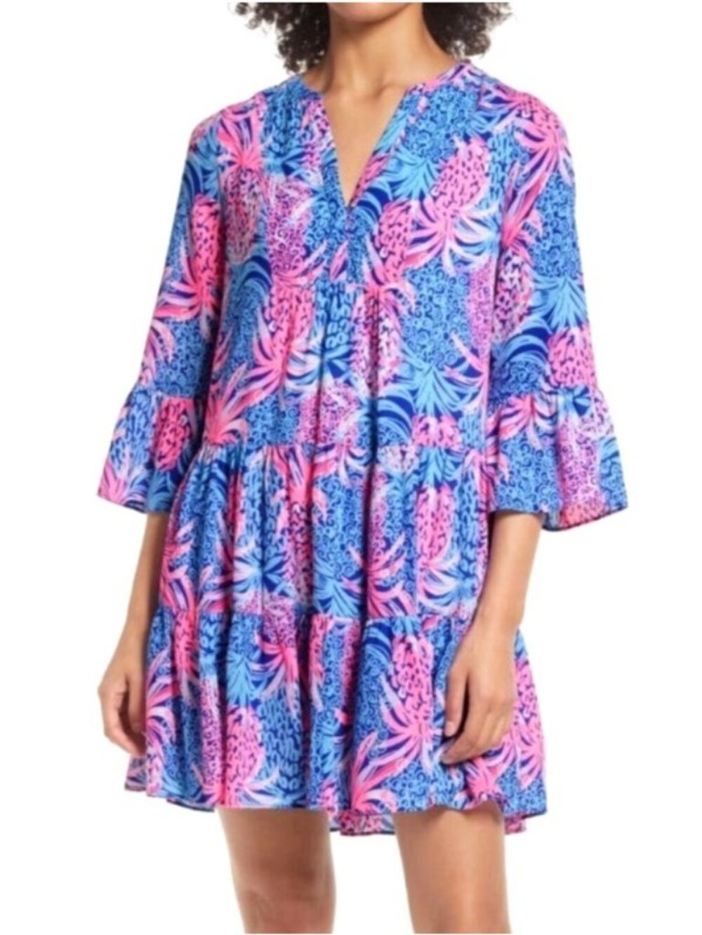 Lilly Pulitzer Women's Sz M Blue Pink Abstract Floral Print Tiered Midi Dress